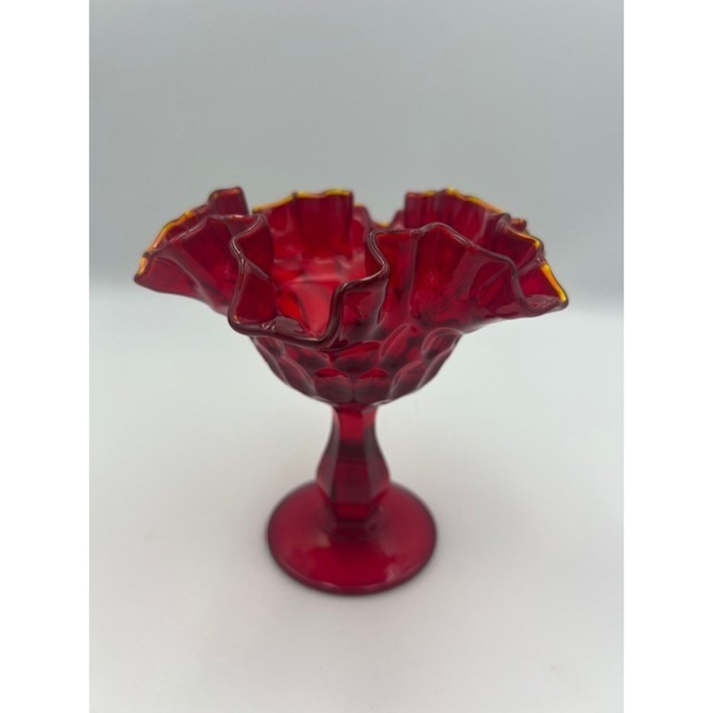 Fenton Ruby Red Glass Thumbprint Compote Ruffled Scalloped Dish Amber Trim 6 in